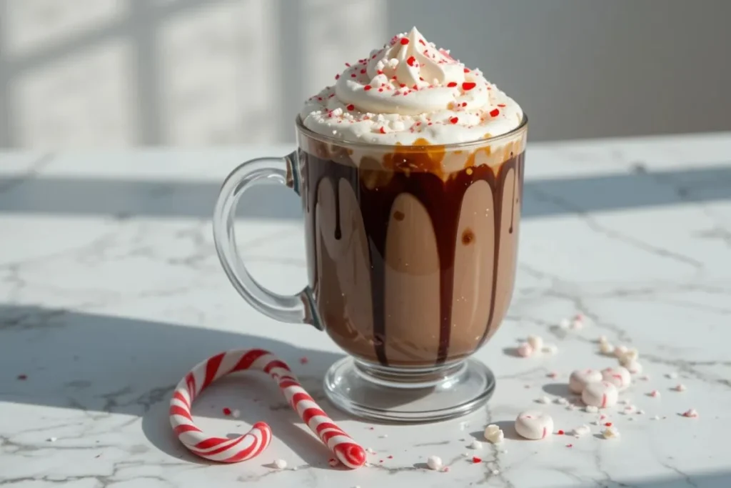 A festive Peppermint Mocha topped with a swirl of whipped cream, sprinkled with crushed peppermint candy, and drizzled with dark chocolate syrup. This Coffee Loophole Recipe offers a refreshing, guilt-free twist on a classic favorite.