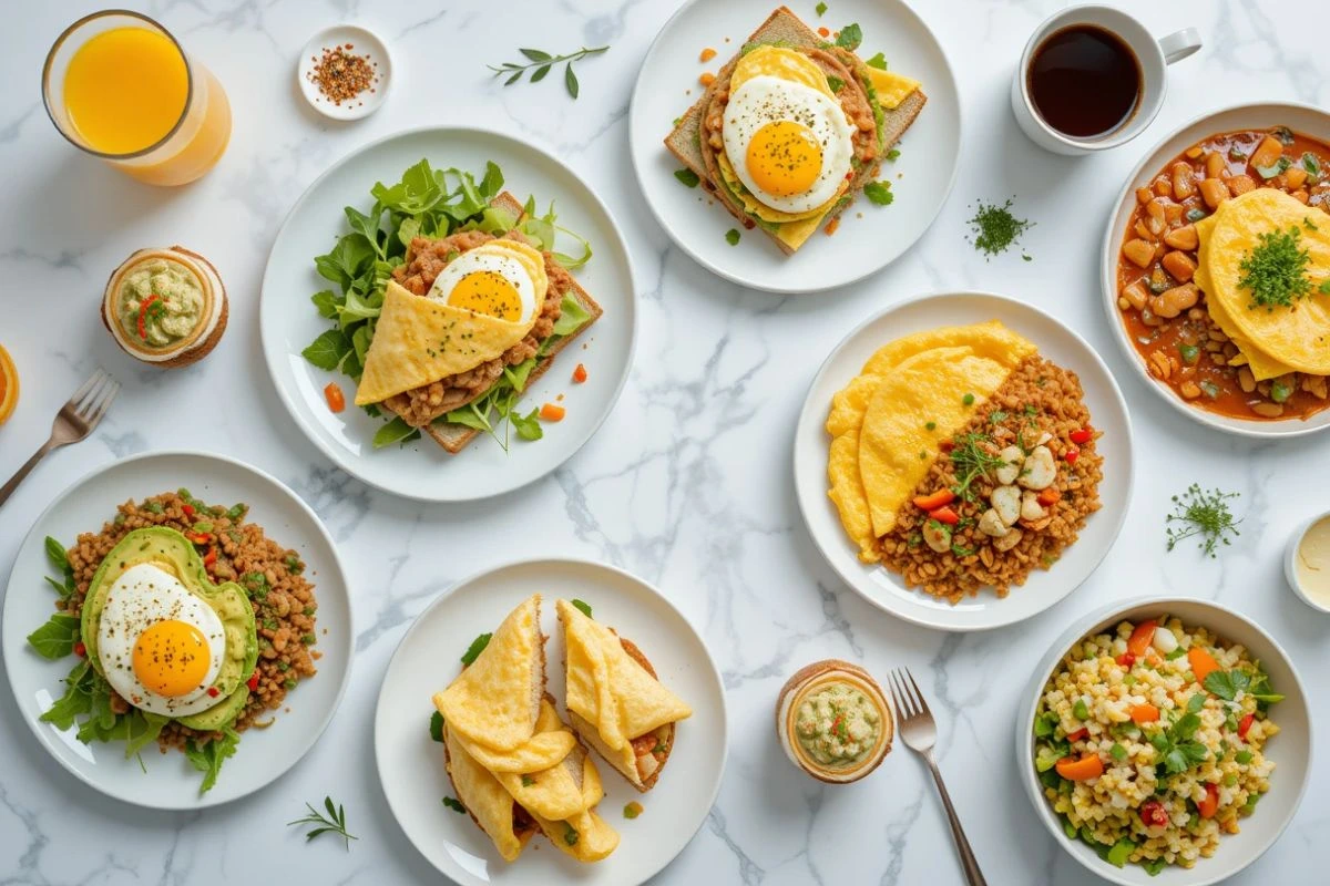 "A beautifully arranged brunch table featuring eight diverse and delicious Egg Recipes for Lunch, including a vibrant Egg and Avocado Toast, a creamy Deviled Egg Wrap, elegant Eggs Benedict, rich Shakshuka with poached eggs, a fluffy French Omelette, a hearty Spanish Omelette (Tortilla Española), colorful Egg Fried Rice, and a creamy Egg Salad Sandwich. The dishes are elegantly presented on a clean, white marble surface with fresh herbs and morning light, creating a fresh and inviting look."