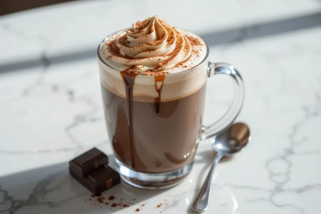 A rich Mocha Coffee with a dark chocolate-infused coffee base, topped with a generous swirl of whipped cream and lightly dusted with cocoa powder. A decadent but healthier Coffee Loophole Recipe for a sweet treat.