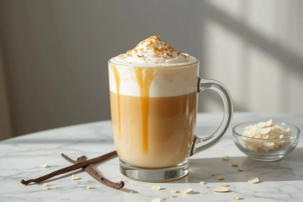 A creamy Vanilla Coconut Latte with a rich coconut milk base, topped with velvety foam and lightly dusted with toasted coconut flakes, elegantly presented on a clean white marble table. A perfect Coffee Loophole Recipe that is both delicious and healthy.