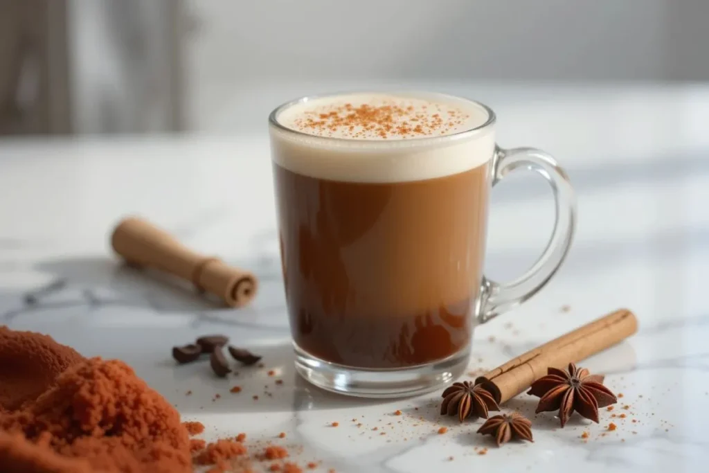 "A soothing Spiced Chai Coffee with a perfect blend of creamy milk and aromatic chai spices, including cinnamon, star anise, and a touch of honey, elegantly served on a clean white marble table. A warm and comforting Coffee Loophole Recipe.