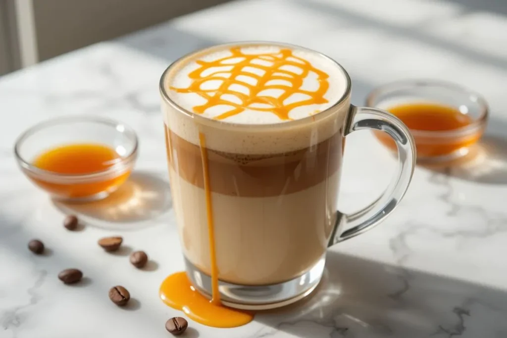 A refreshing Iced Caramel Macchiato with a perfect gradient of creamy milk, rich espresso, and a light drizzle of golden caramel sauce, served in a tall clear glass with ice cubes. A cool and delicious Coffee Loophole Recipe.