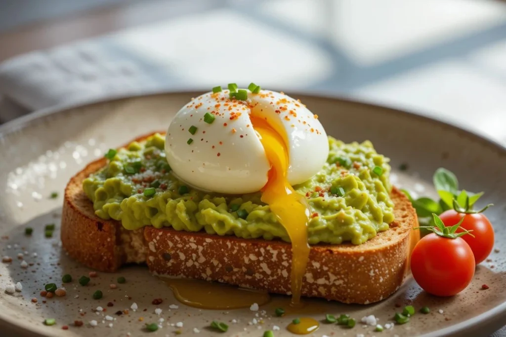 Looking for quick and nutritious Egg Recipes for Lunch? This Egg and Avocado Toast is a delicious blend of creamy avocado and a perfectly poached egg on crispy sourdough, topped with red pepper flakes and fresh herbs. Ready in minutes for a balanced, satisfying meal!