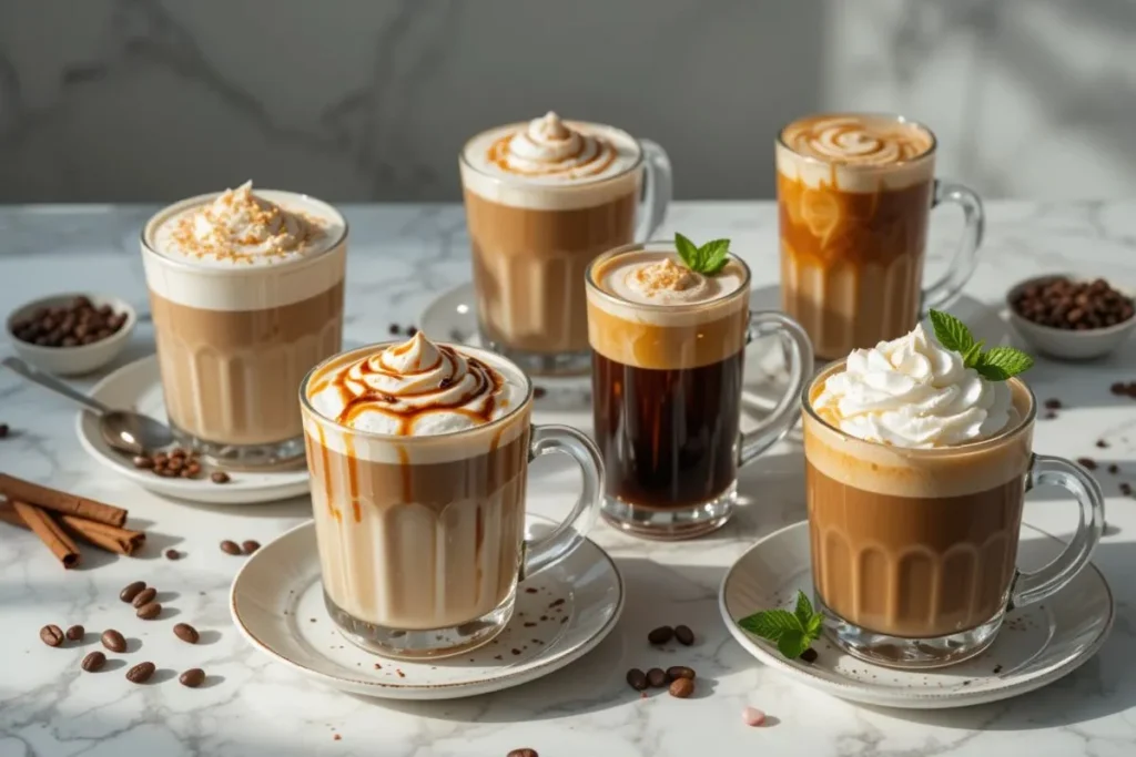 "A beautifully arranged spread of five diverse and delicious Coffee Loophole Recipe drinks, including a creamy Vanilla Coconut Latte with toasted coconut flakes, a festive Peppermint Mocha topped with whipped cream and crushed peppermint candy, a soothing Spiced Chai Coffee with aromatic spices, an Iced Caramel Macchiato with a perfect milk gradient and caramel drizzle, and a rich Mocha Coffee topped with whipped cream and cocoa powder. Each beverage is elegantly presented on a clean white marble table, showcasing healthy and indulgent Coffee Loophole Recipes that are perfect for a guilt-free treat."