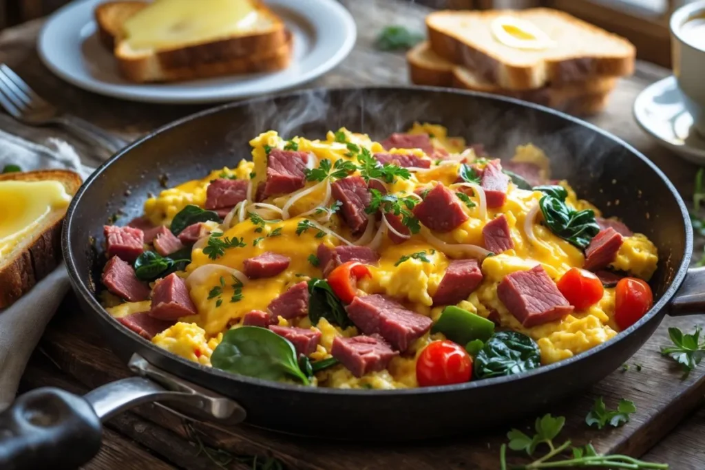 A colorful skillet with golden scrambled eggs mixed with corned beef, garnished with fresh herbs, served alongside slices of toasted bread