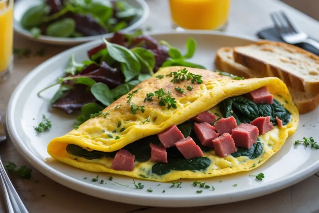 A folded spinach and corned beef omelette on a white plate, garnished with parsley and served with a side of fresh cherry tomatoes