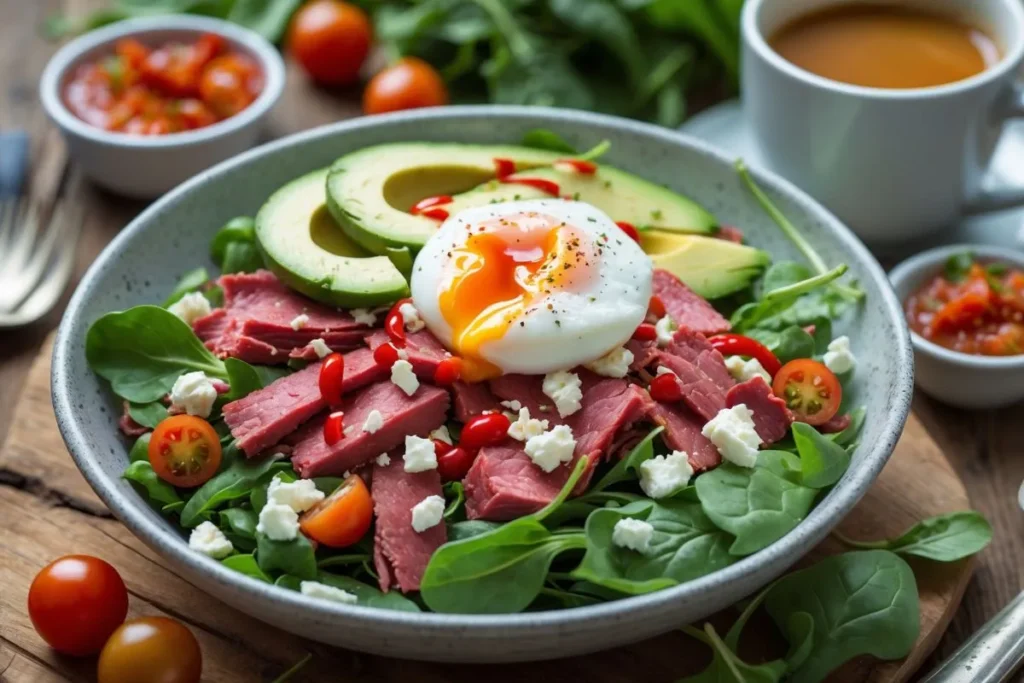 "A vibrant low-carb breakfast bowl with a base of fresh spinach topped with corned beef, a poached egg, avocado slices, and a drizzle of salsa