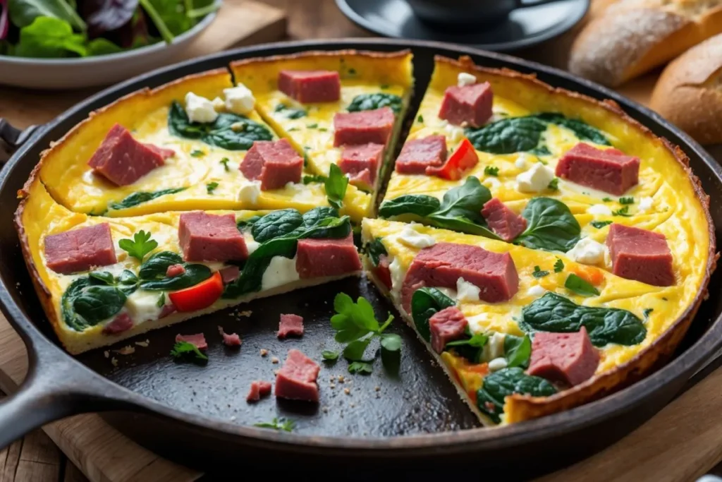 A golden-brown corned beef frittata in a skillet, studded with spinach and bell peppers, sliced into wedges and served with a side of fresh salad.