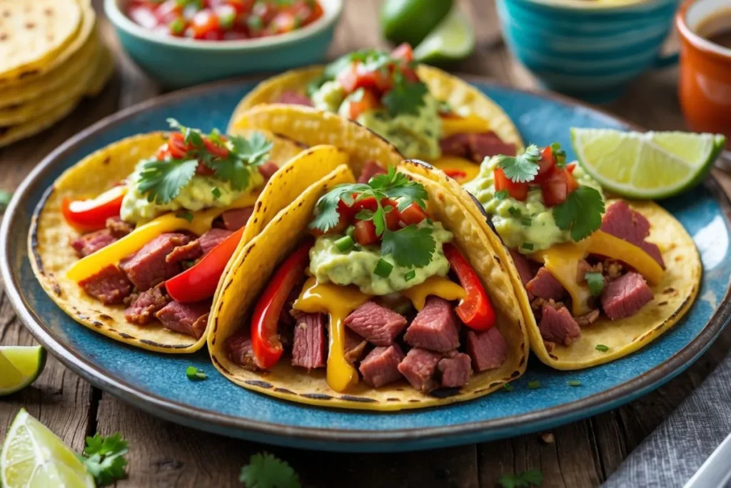 "Two warm tortillas filled with scrambled eggs, corned beef, cheese, and salsa, topped with fresh cilantro and served with lime wedges.