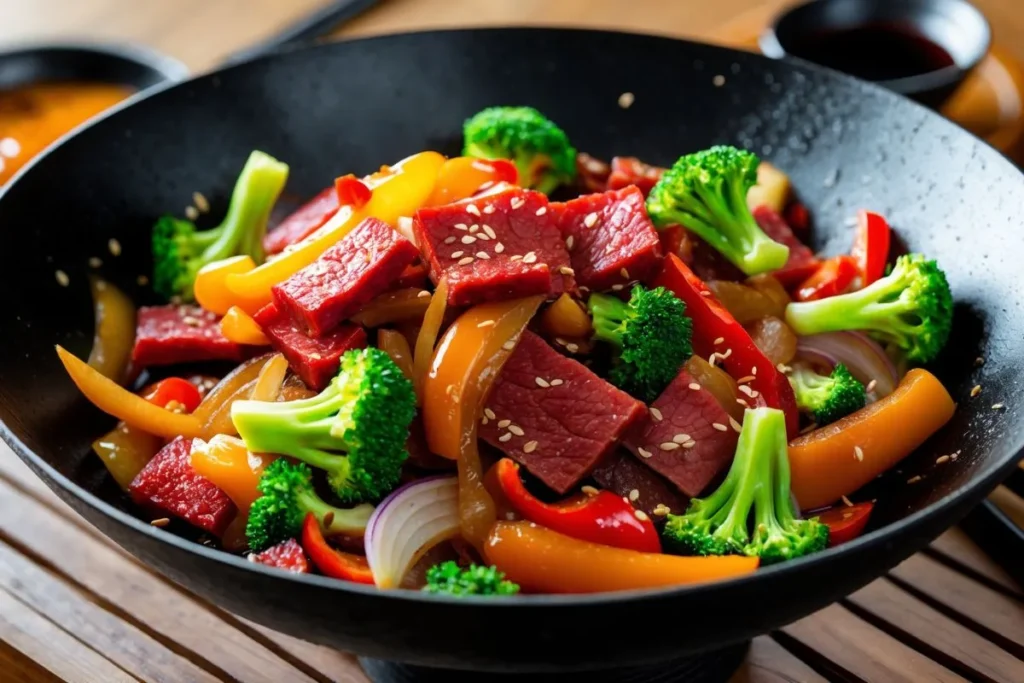 A sizzling corned beef and vegetable stir-fry in a wok, with colorful bell peppers, onions, and broccoli, garnished with sesame seeds.