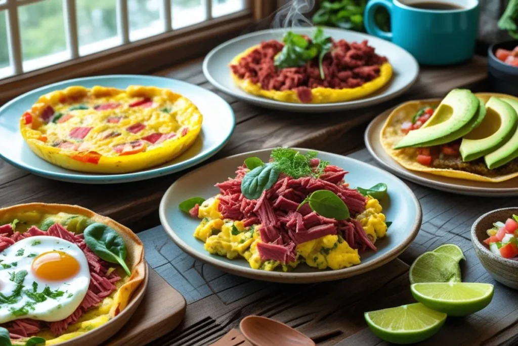 A vibrant breakfast table featuring a golden corned beef frittata with spinach and bell peppers, a rustic corned beef scramble with eggs and herbs, and corned beef breakfast tacos topped with avocado slices and salsa. Fresh greens, bright vegetables, and creamy cheeses add color and texture, while natural morning light streams through a window, creating a warm and inviting scene. A steaming cup of coffee and rustic wooden utensils complete the wholesome setup