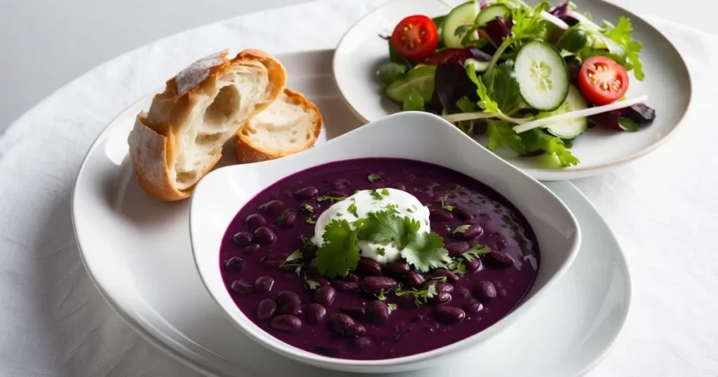 Purple black bean soup served with crusty bread and a fresh green salad for a balanced, nutritious meal."