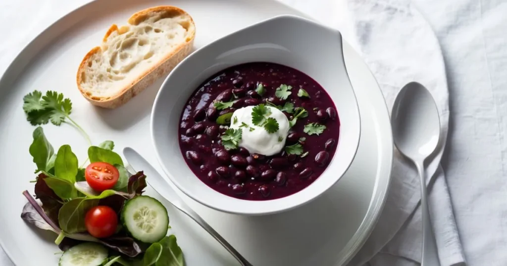 "A smooth, creamy purple black bean soup drizzled with olive oil, paired with vegetable broth and raw purple black beans for preparation.