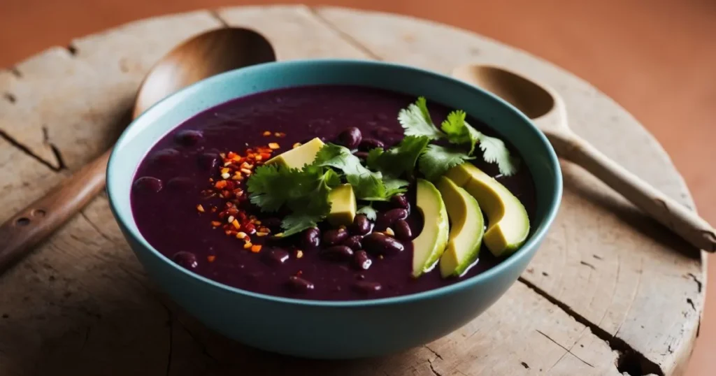 A hearty bowl of purple black bean soup recipe topped with cilantro, avocado slices, and chili flakes, ready to enjoy."