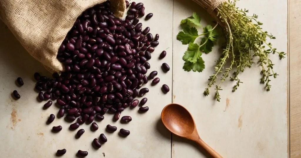 "A close-up of purple black beans spilling from a burlap sack, surrounded by fresh herbs like thyme and cilantro, with a wooden spoon beside them