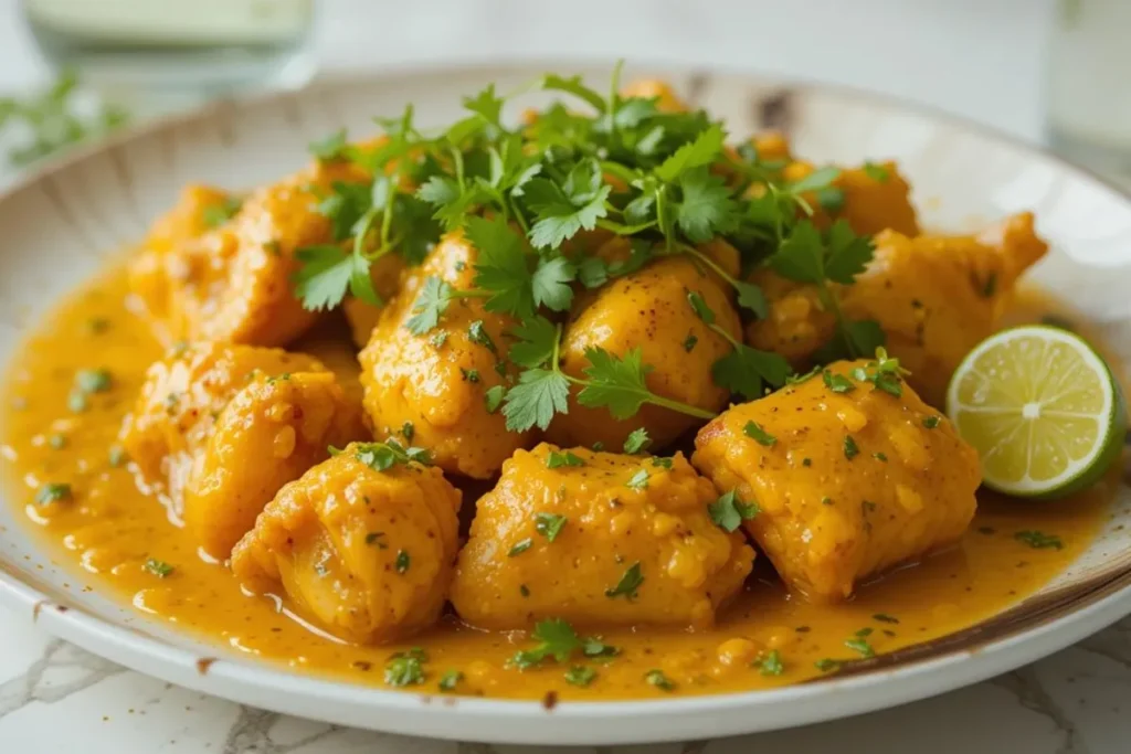 A close-up shot of a beautifully plated Churu Chicken Amarillo on a pristine white table. The chicken is drizzled with vibrant yellow Amarillo sauce, garnished with cilantro and lime wedges, with a completely clean and minimalist background, highlighted by natural soft lighting. churu chicken amarillo recipe