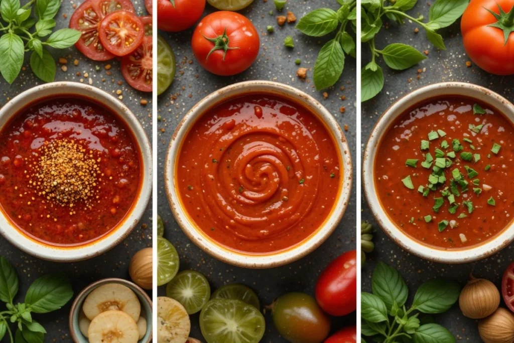 A creative spread of three delicious pizza sauce variations: a spicy sauce with chili peppers, a smooth, low-sugar sauce with fresh basil, and a herby, rich version with rosemary and thyme, each in stylish bowls surrounded by ingredients."