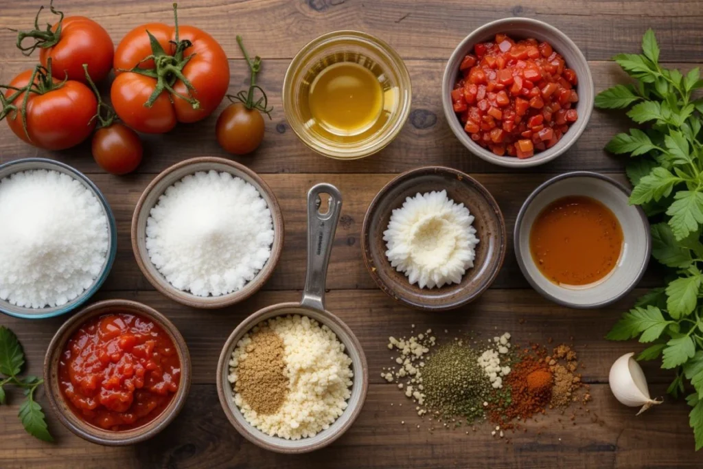 A beautiful spread of fresh, colorful ingredients for pizza sauce: plump, ripe tomatoes, sparkling vinegar bottles, a bowl of sugar, and a variety of vibrant herbs and spices, elegantly arranged on a rustic wooden countertop.