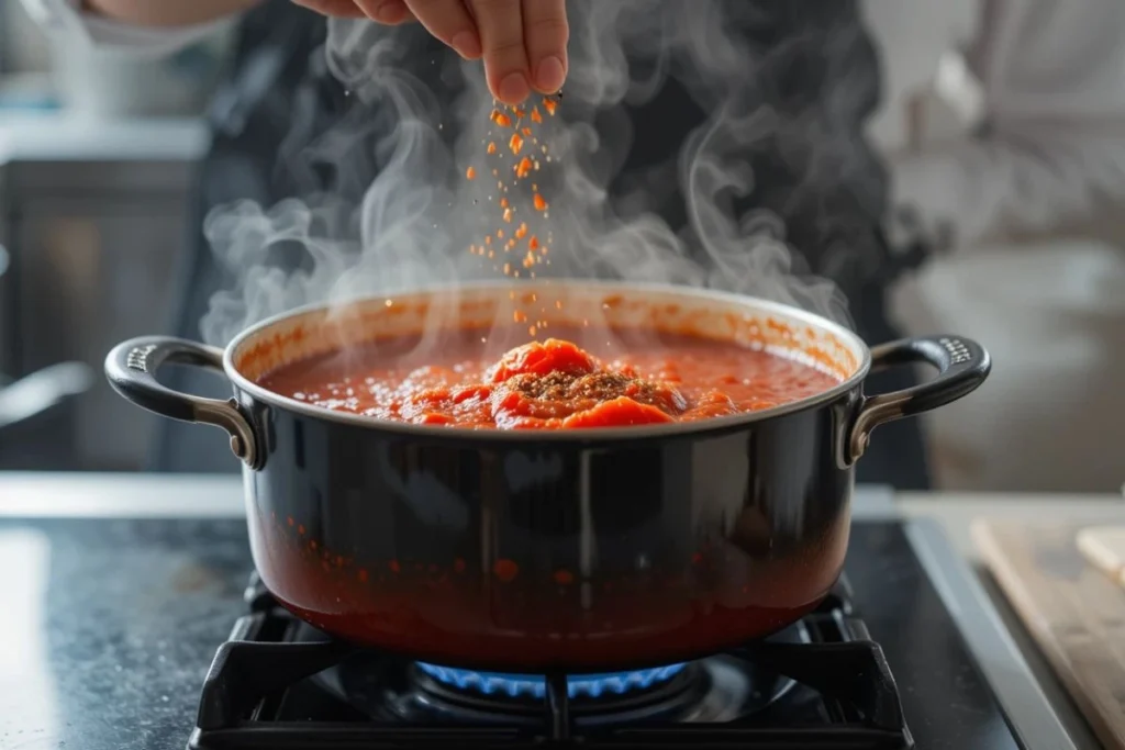 A close-up of a chef’s hand adjusting the final seasoning in a bubbling pot of sweet pizza sauce, with steam rising and the sauce thickening to perfection, reflecting rich textures and warm colors."