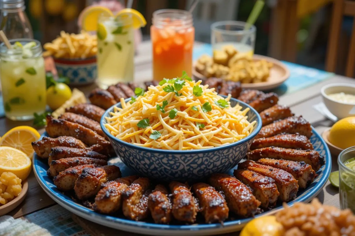 A bright summer table setting featuring a large bowl of creamy cheese slaw, grilled meats, fresh garnishes, and a pitcher of lemonade, all arranged under warm outdoor sunlight.