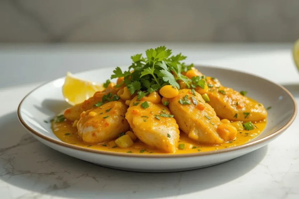 legantly arranged Churu Chicken Amarillo on a spotless white plate set against a monochromatic background. The dish features juicy chicken pieces with vibrant Amarillo sauce, fresh cilantro, and lime wedges, complemented by minimalist silver cutlery and soft lighting. 