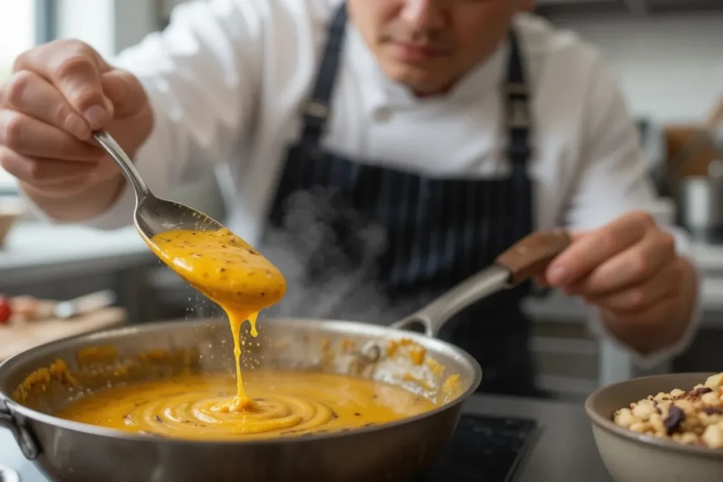 A chef marinating chicken thighs in a bowl with golden Amarillo sauce, surrounded by fresh herbs and diced vegetables on a wooden kitchen counter. Steam rises from a cast-iron skillet as the sauce is being stirred.