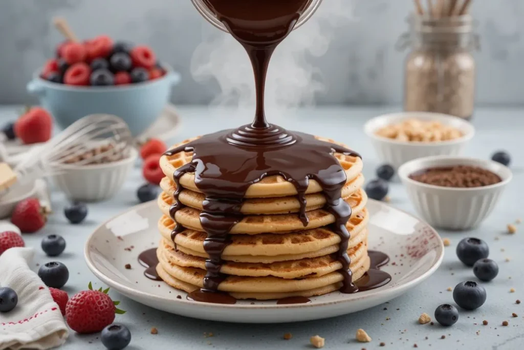 “A thick stream of homemade chocolate sauce being poured onto a tall stack of fluffy pancakes, with steam rising in the background. Fresh berries, a whisk, and small bowls of chopped nuts and spices are arranged around the scene, illustrating comfort and versatility.