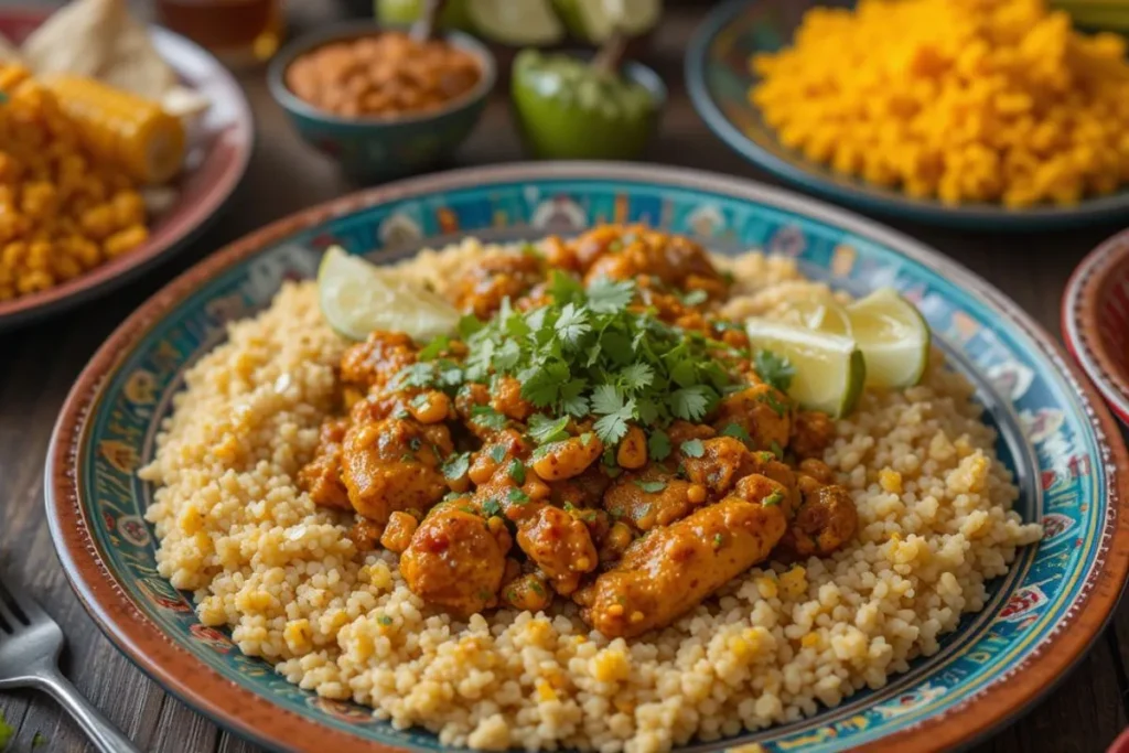 A vibrant Mexican feast featuring Churu Chicken Amarillo alongside traditional sides like Mexican rice, refried beans, guacamole, and grilled corn on the cob, all arranged on a rustic wooden table with colorful pottery