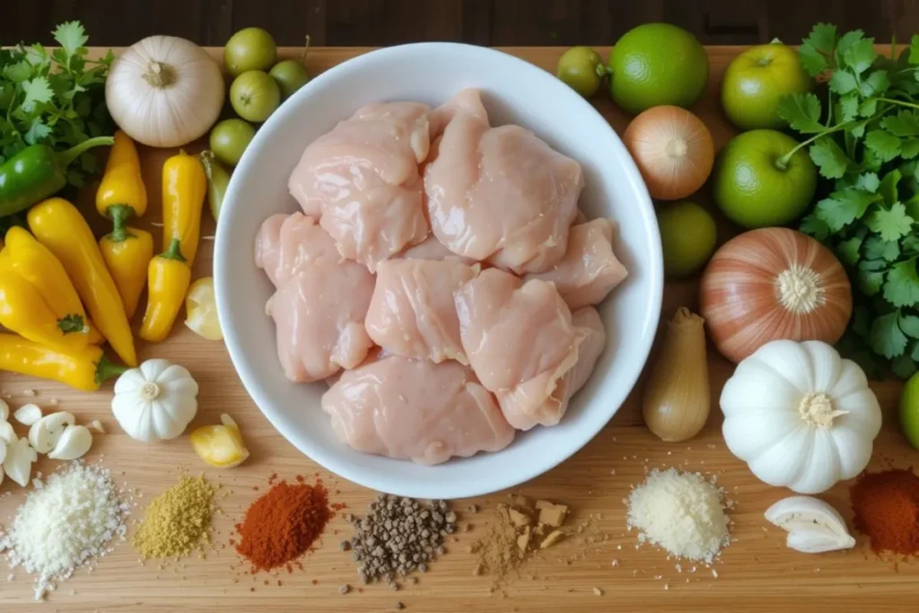 A neatly arranged display of fresh ingredients for Churu Chicken Amarillo, including yellow Amarillo peppers, boneless chicken thighs, garlic, onions, cilantro, limes, and various spices, all laid out on a clean wooden countertop.