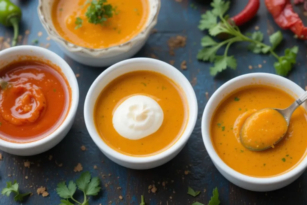 Multiple small bowls containing different variations of Amarillo sauce—mild, creamy, and extra spicy—arranged on a rustic table with scattered fresh peppers and cilantro. A spoon dips into one of the sauces, showcasing its texture.

