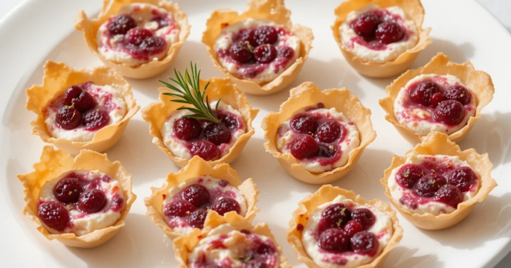 Cranberry recipes for thanksgiving cups phyllo dough goat cheese elegantly arranged on a pristine white platter on a spotless white table. Each golden, flaky phyllo cup is filled with creamy goat cheese and vibrant red cranberries, garnished with fresh rosemary sprigs and a light drizzle of honey, highlighted by soft natural lighting."