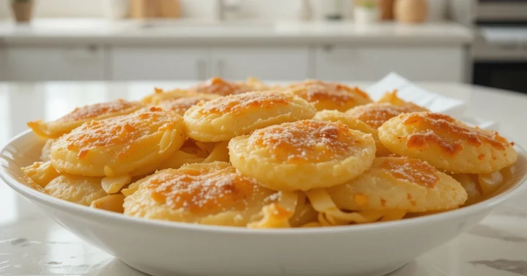 lose-up shot of a golden scalloped potatoes recipe with cheese powder, showcased on a sleek, white countertop in a modern kitchen setting