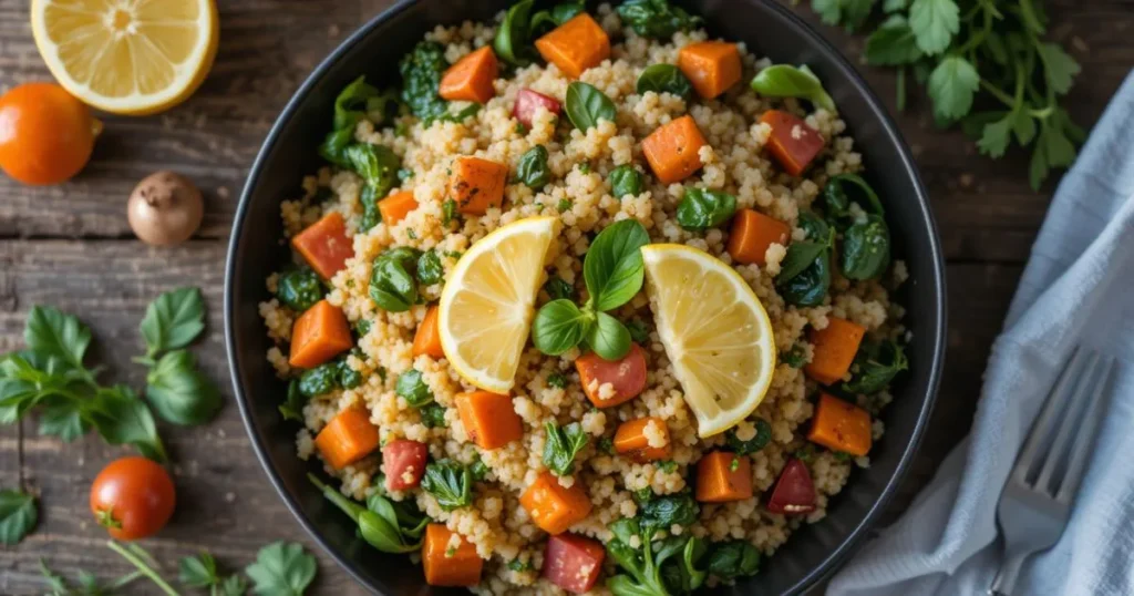 A top-down view of a vibrant couscous salad featuring roasted carrots, spinach, diced tomatoes, fresh herbs, and lemon slices on a rustic wooden surface.”