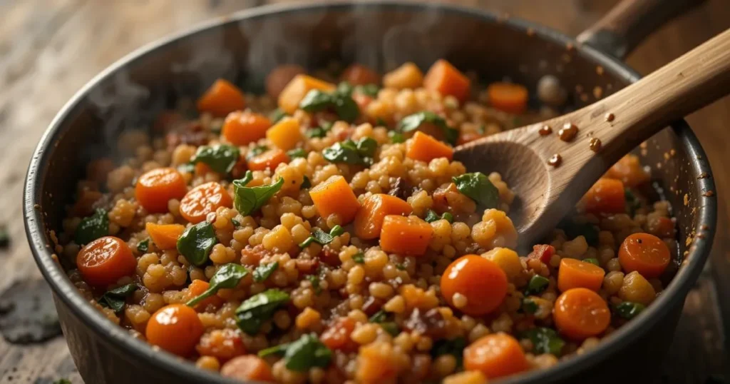 “A rustic one-pot meal on a stove, showcasing couscous, carrots, spinach, and tomatoes simmering together, stirred with a wooden spoon in a cozy kitchen setting.