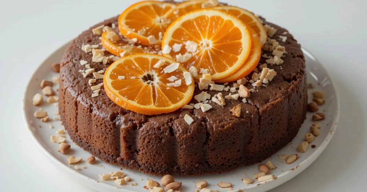 A round chocolate orange almond cake topped with thin orange slices and almond flakes, displayed on a white plate against a clean white background