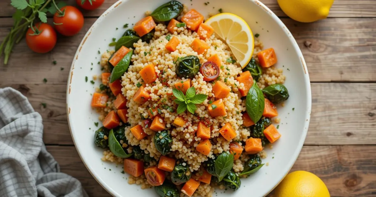 A top-down view of a vibrant couscous salad featuring roasted carrots, spinach, diced tomatoes, fresh herbs, and lemon slices on a rustic wooden surface.”