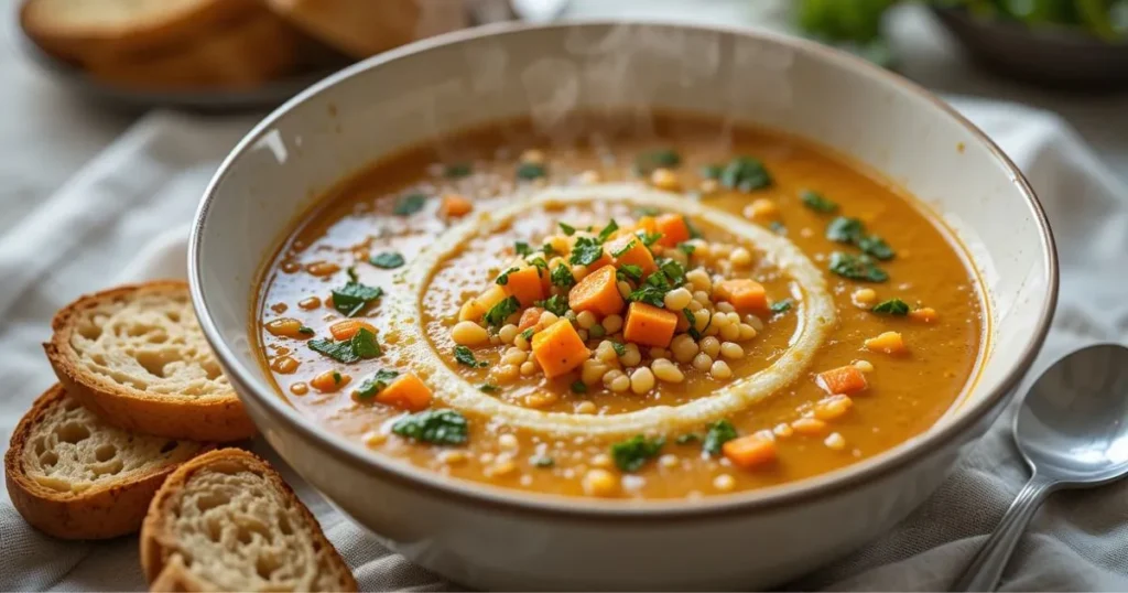 A warm bowl of carrot, spinach, and couscous soup, drizzled with olive oil and sprinkled with fresh herbs, placed next to crusty bread on a light linen cloth.”