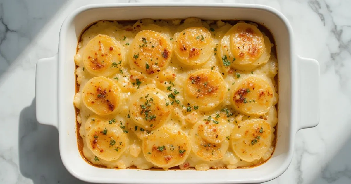 Overhead view of a white baking dish containing a scalloped potatoes recipe with cheese powder, placed on a bright, minimalist table and topped with delicate herb sprigs."