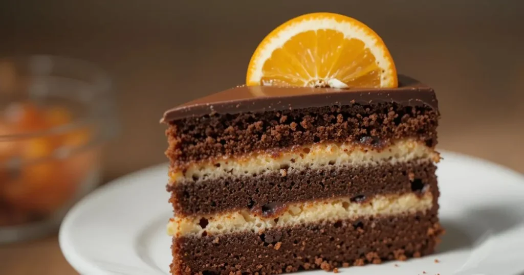 A single slice of moist chocolate orange almond cake with visible layers, resting on a white saucer under soft light.”
