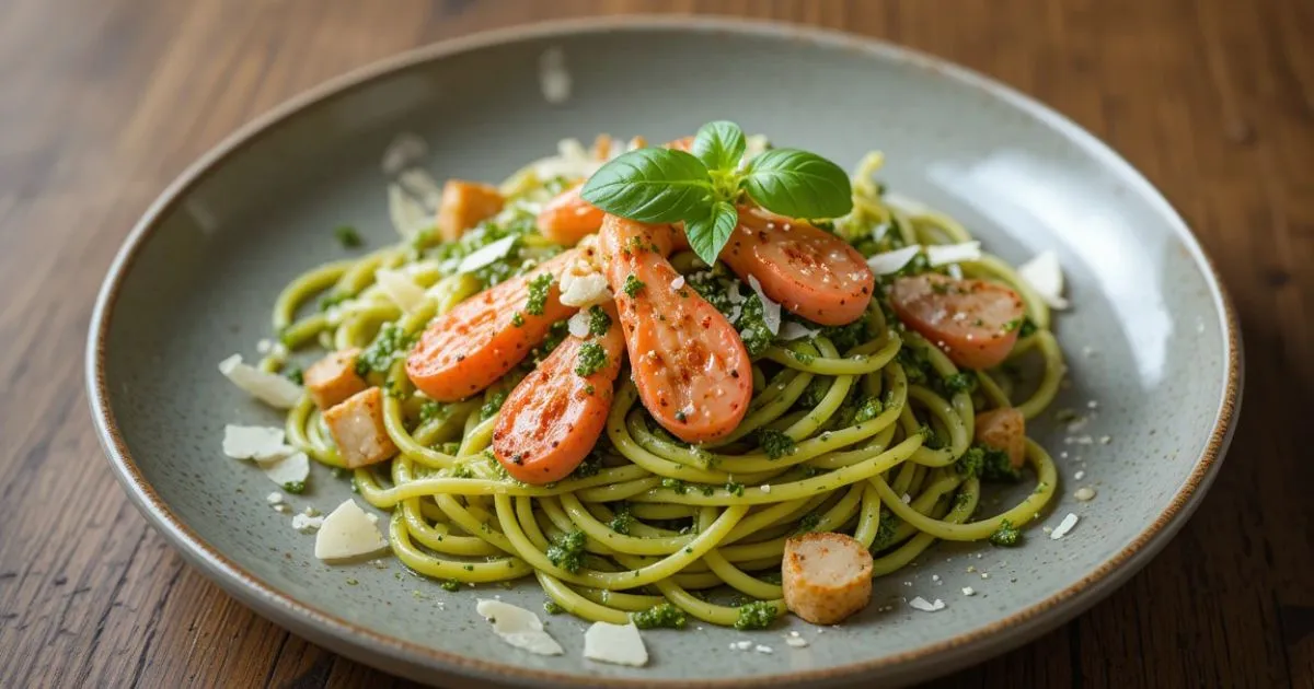 "Elegant plate of pesto langostino zucchini pasta garnished with fresh basil and Parmesan shavings, showcasing a vibrant and delicious dish."