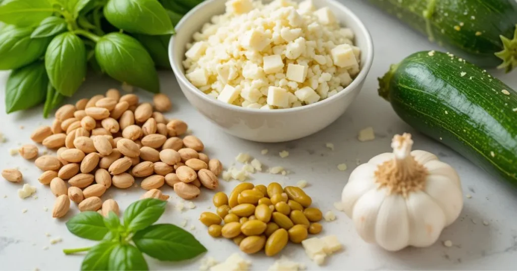 "Close-up of fresh ingredients for pesto langostino zucchini recipes, including basil, pine nuts, Parmesan cheese, garlic, langostino, and zucchini arranged neatly on a kitchen countertop."
