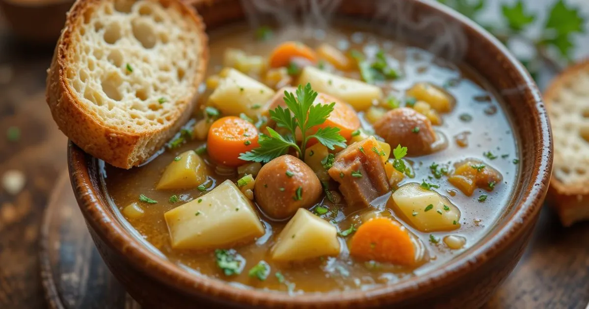 Steaming bowl of homemade cabbage soup with tender cabbage, carrots, and celery, showcasing a delicious canning cabbage soup recipe.