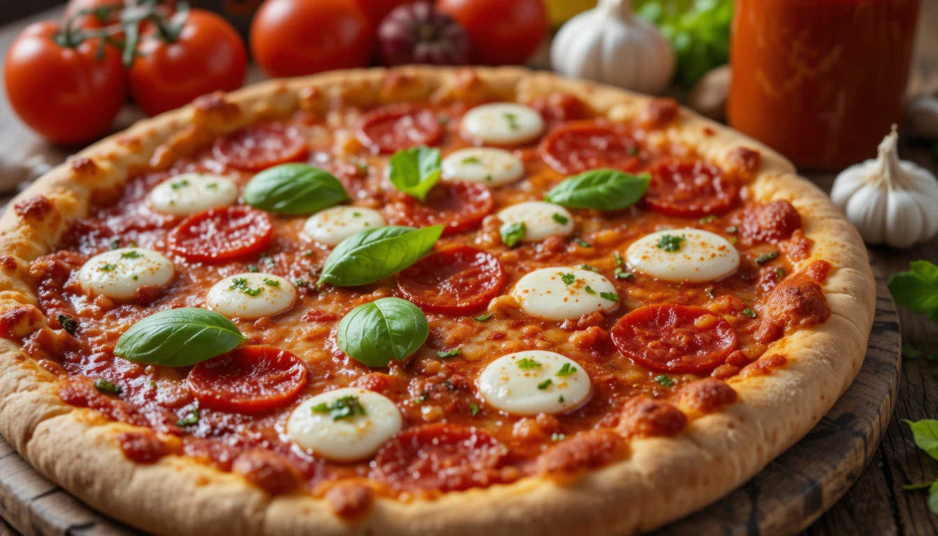 A close-up of a golden-brown pizza with glossy sweet tomato sauce, topped with mozzarella, basil, and pepperoni, surrounded by fresh ingredients like tomatoes, garlic, and a jar of homemade sweet pizza sauce on a rustic wooden table.