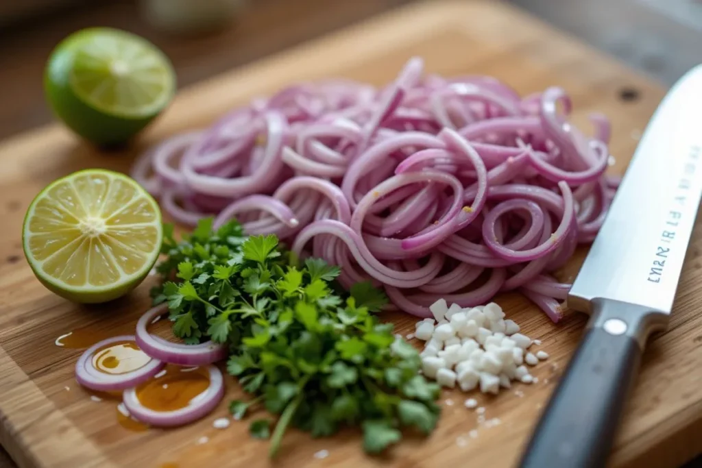 An arrangement of fresh onions, limes, and herbs on a spotless white table, ready for the Cebolla Ensalada recipe.