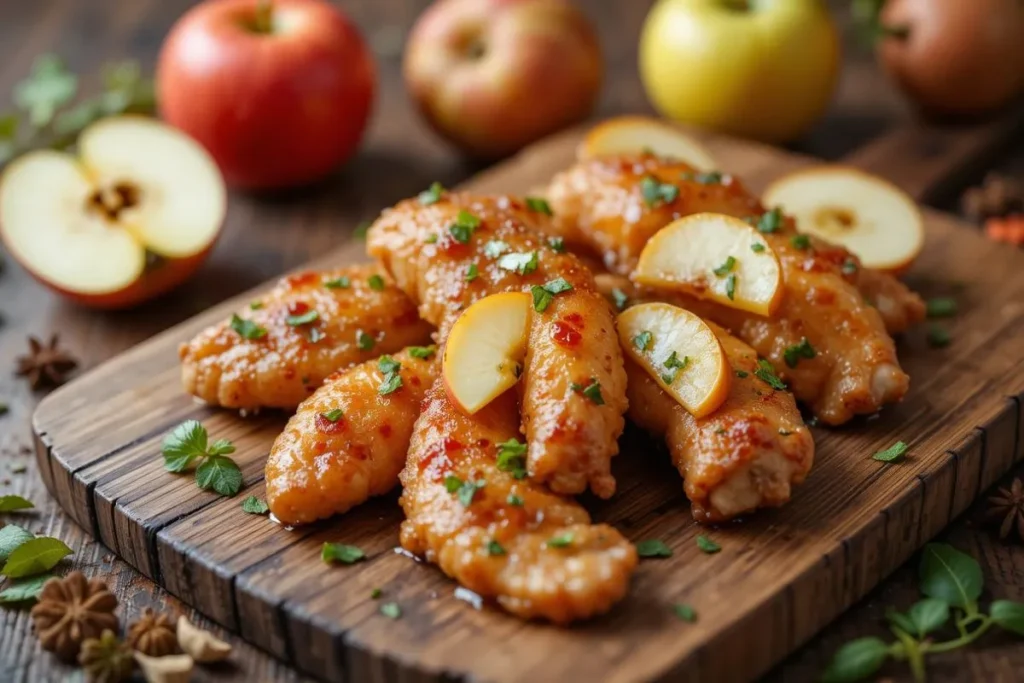 Rustic platter featuring apple and honey-glazed chicken tenders using fresh apples, artfully arranged on a wooden board with thin apple slices, fresh herbs, and seasonal accents."