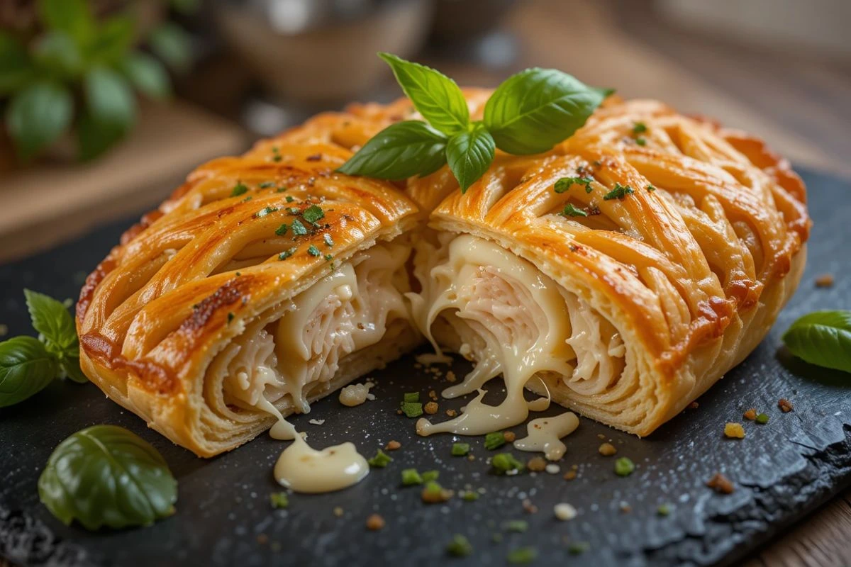 A photorealistic image of a gourmet chicken and cheese jalouise recipe featuring a golden, flaky pastry filled with tender chicken and melty cheese, elegantly presented on a rustic wooden table and garnished with fresh herbs.