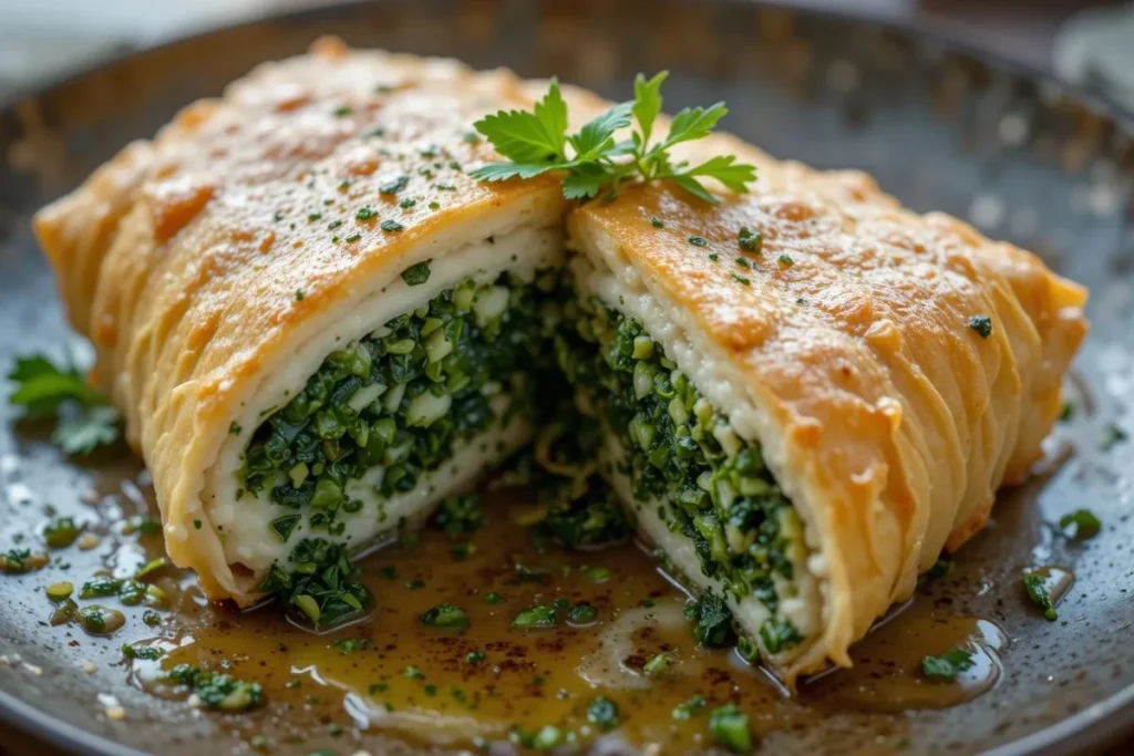 Close-up of a freshly baked filo-wrapped halibut, with flaky fish and sautéed spinach peeking through the crispy layers. A delicious take on the Halibut and Spinach Wrapped in Filo Recipe.