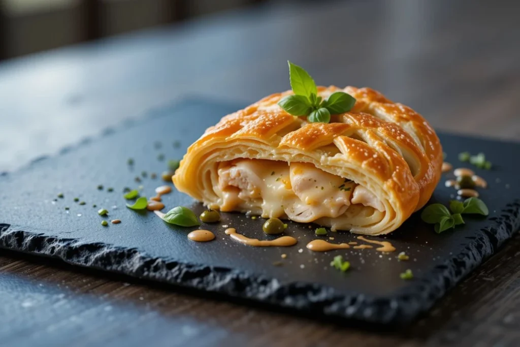 A photorealistic image of a gourmet chicken and cheese jalouise recipe featuring a golden, flaky pastry filled with tender chicken and melty cheese, elegantly presented on a rustic wooden table and garnished with fresh herbs.