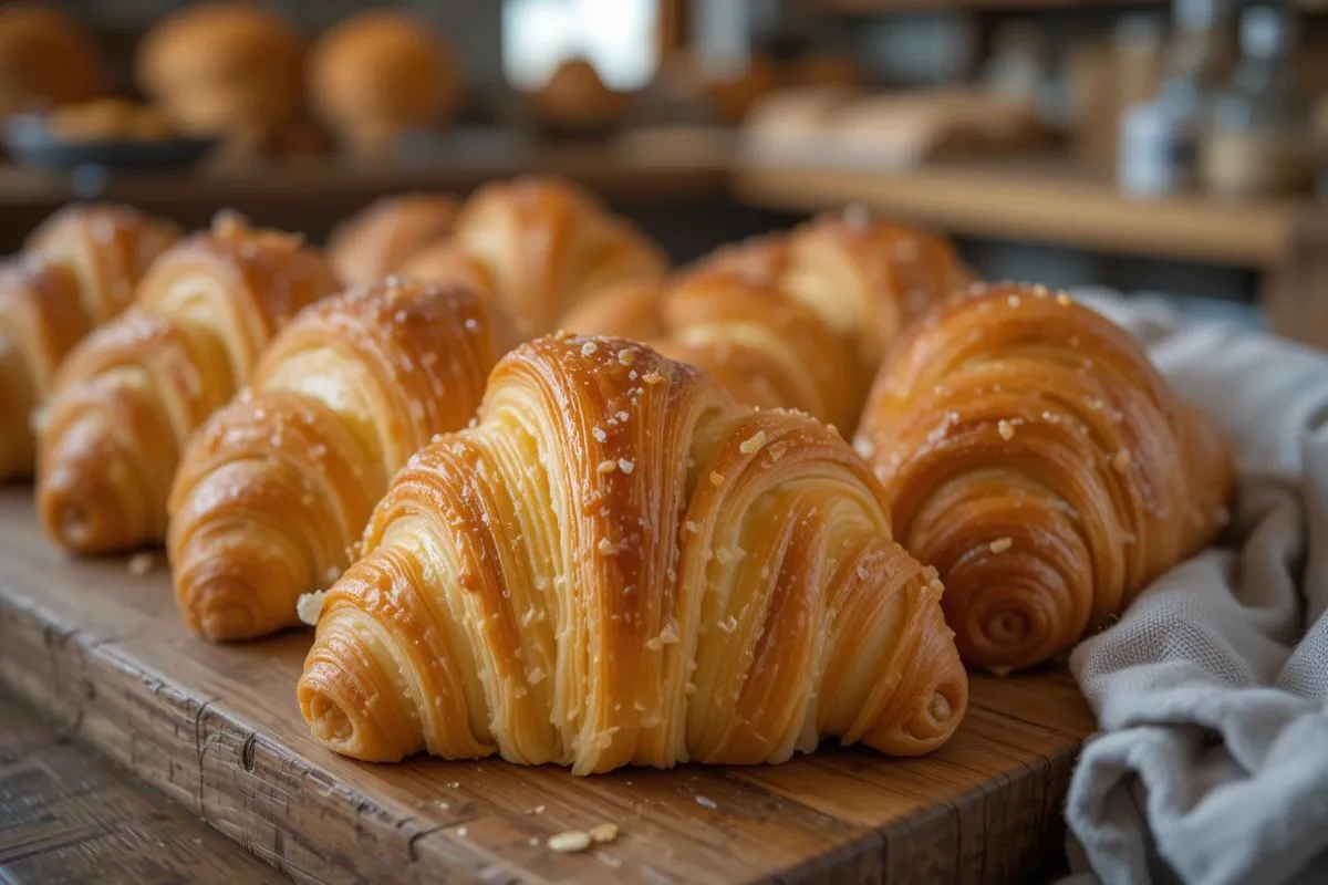 Freshly baked Swiss Gipfeli on a rustic wooden board, showcasing their golden-brown, flaky layers and signature crescent shape.