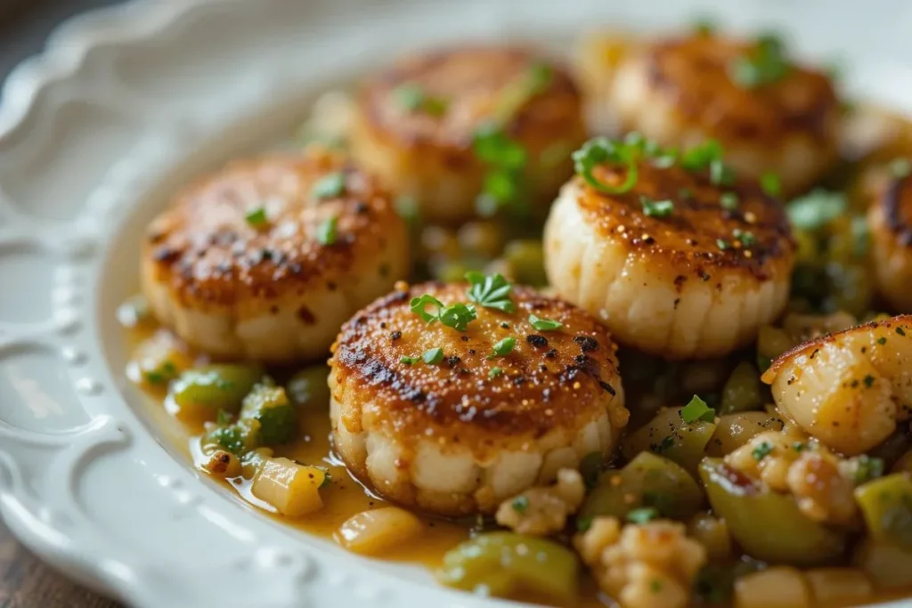  A close-up shot of fishcakes and scallops stir fry on a white ceramic plate, garnished with fresh herbs and surrounded by a soft, blurred background.
